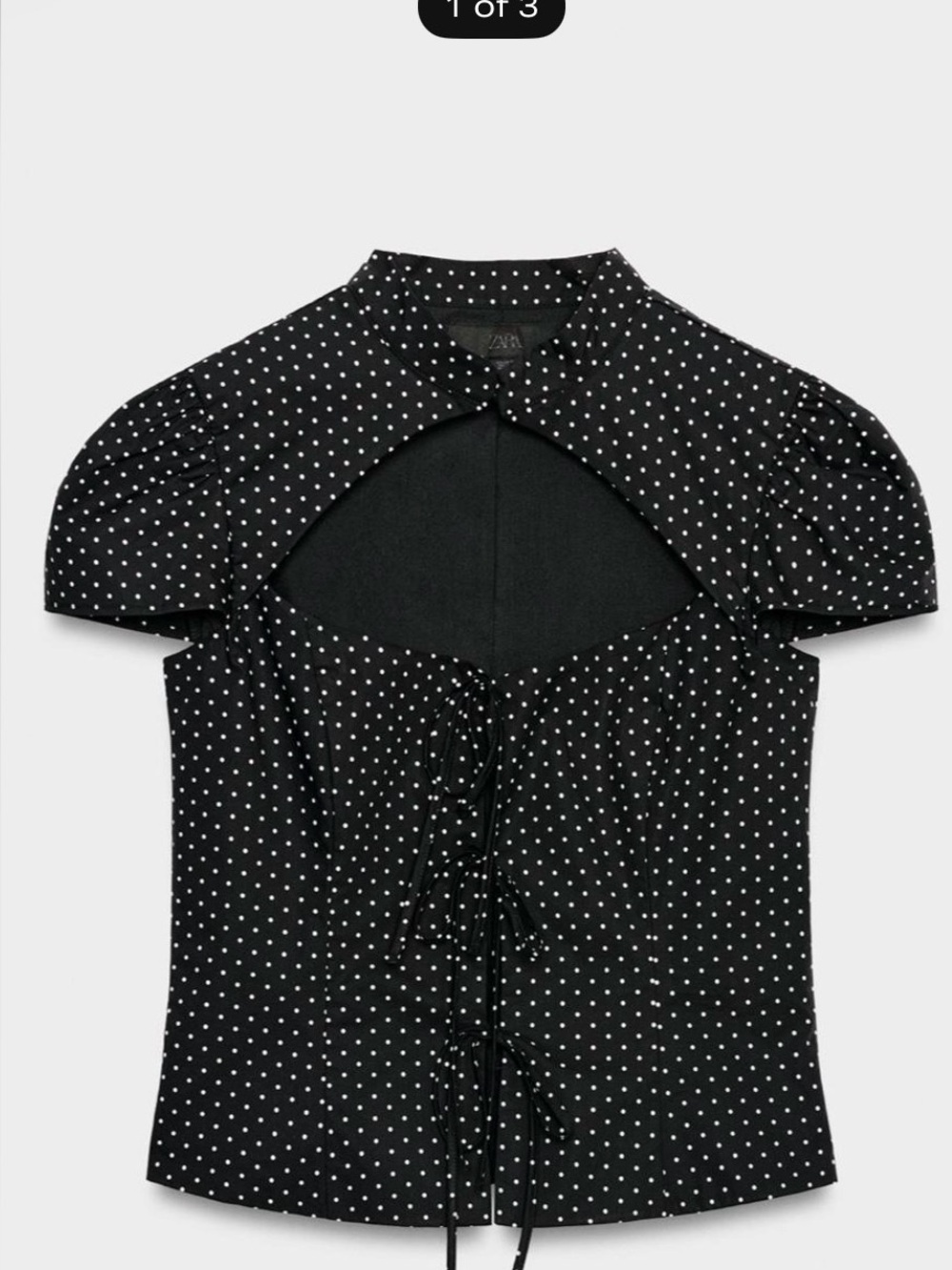 Zara Black and White Polka Dot Tie-Front Puff Sleeve Top